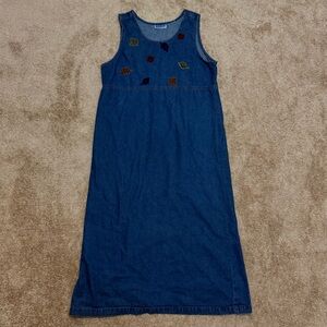 Blue Denim Maxi Dress with Leaf Embroidery